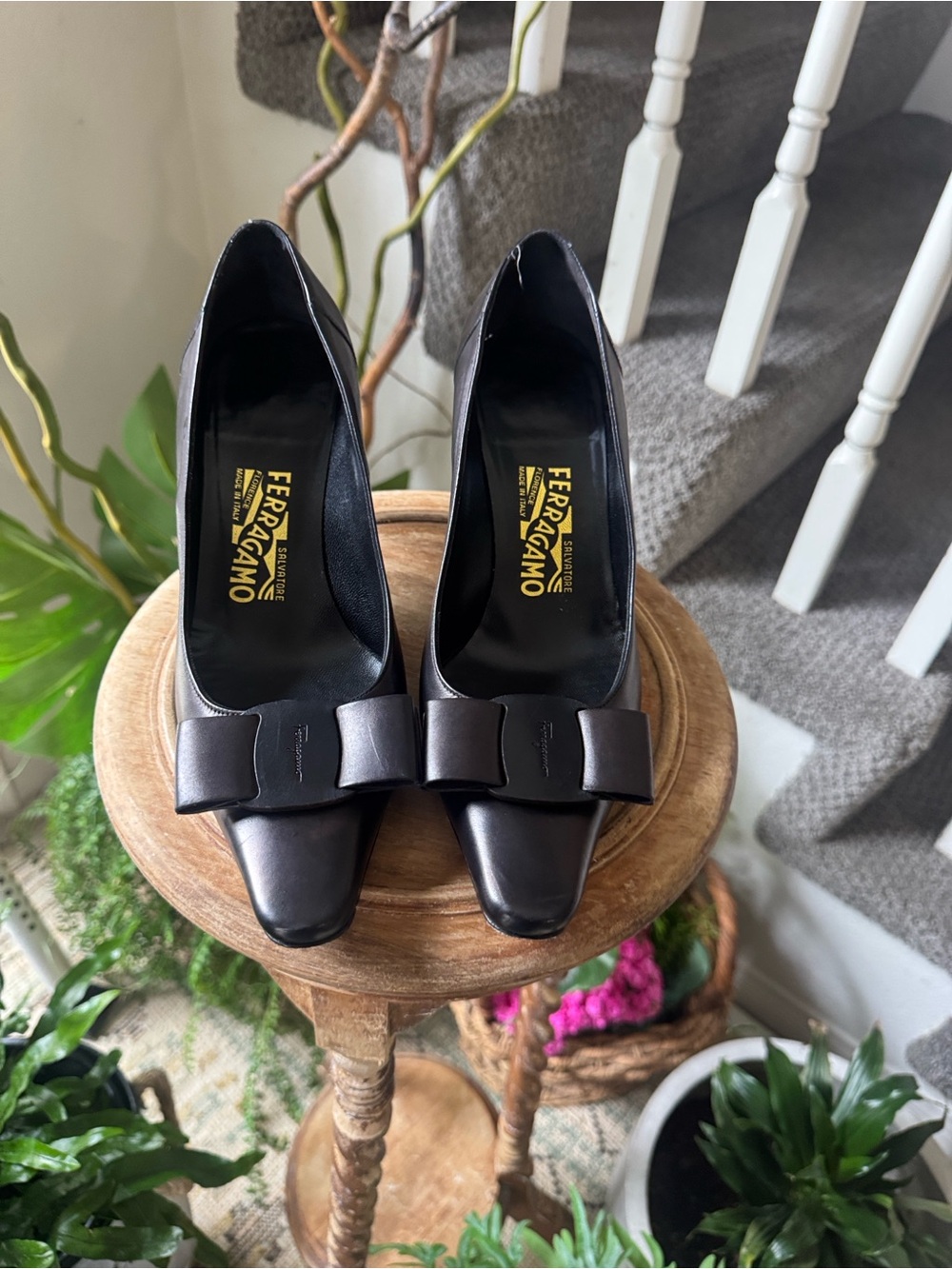 Salvatore Ferragamo Bronze Brown Vara Bow Leather Pumps